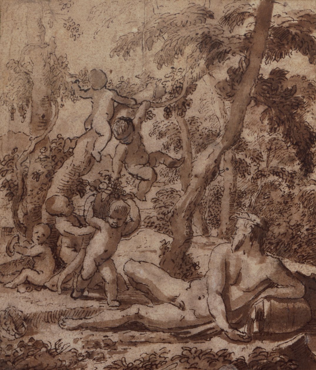Zalesněná krajina s říčním bohem a Putti (pero a inkoust) od Nicolas Poussin