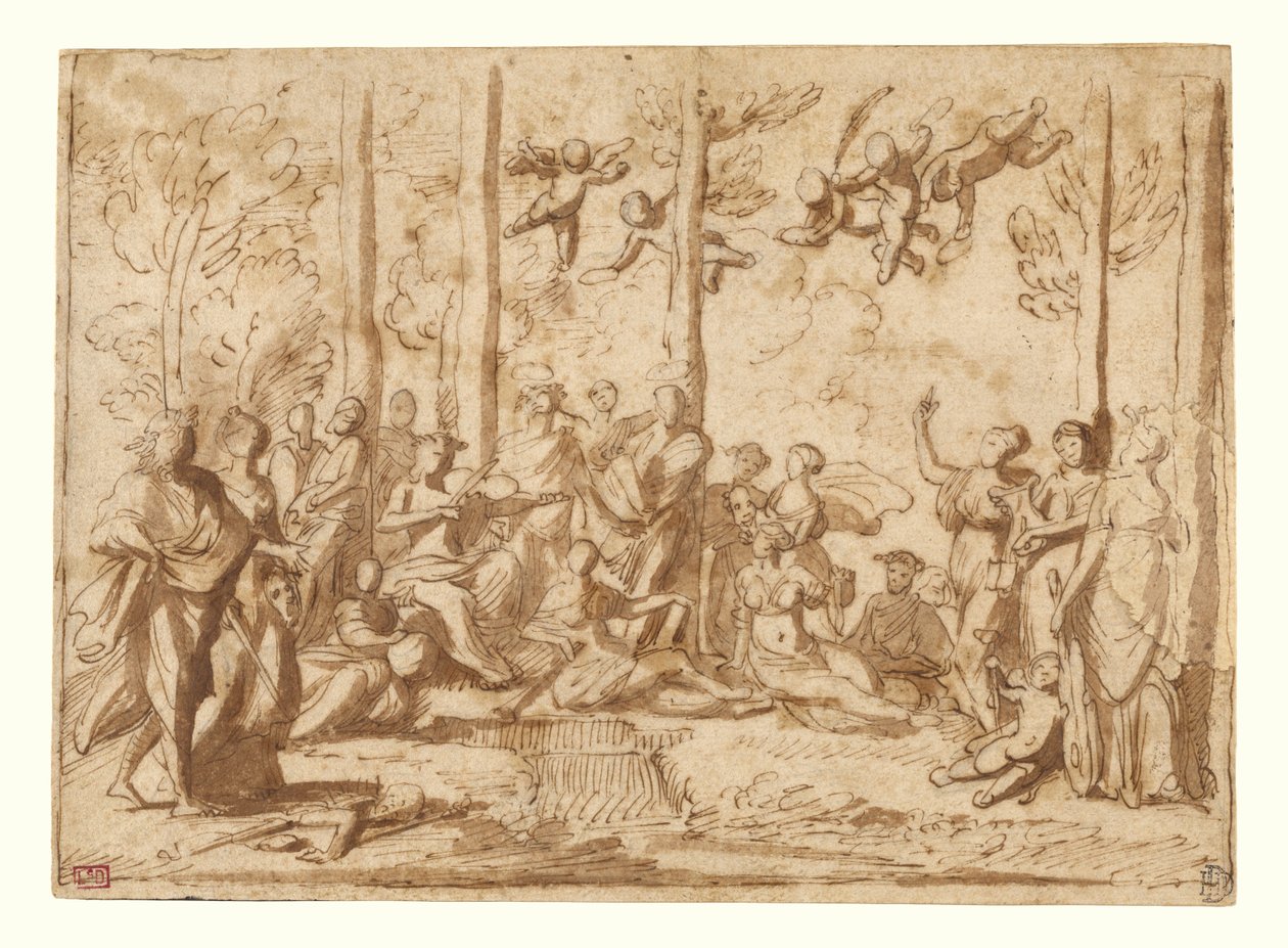 Apollón a múzy na hoře Parnassu od Nicolas Poussin