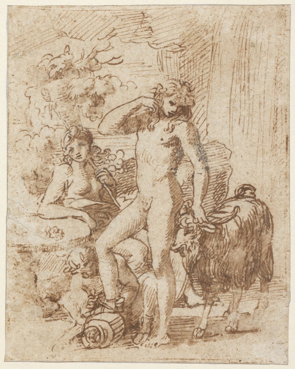 Bacchus a Erigone (pero a inkoust s mytím na papíře) od Nicolas Poussin