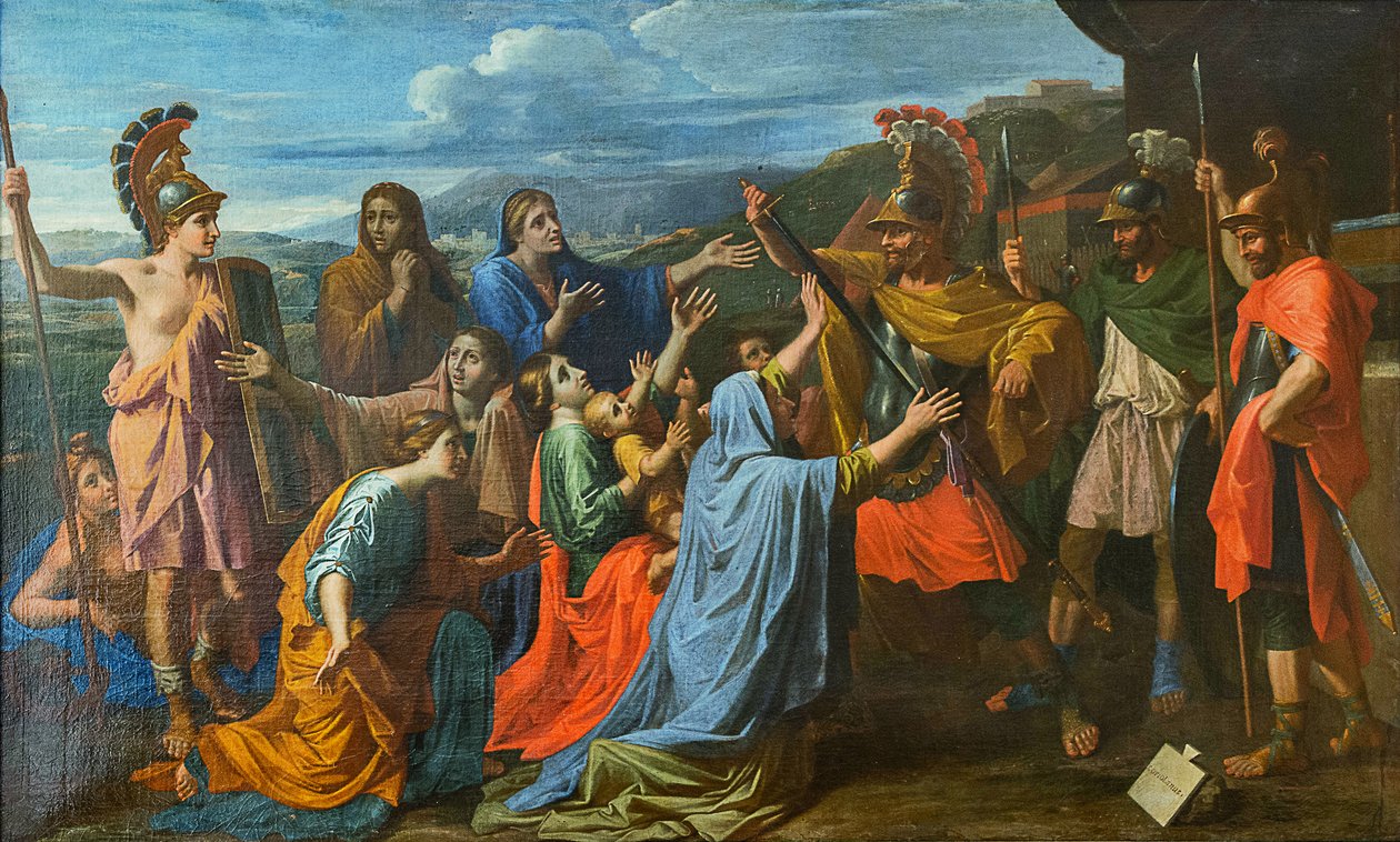 Coriolanus přesvědčil svou rodinou, aby ušetřil Řím Veturii u nohou Coriolanových, asi 1652. od Nicolas Poussin