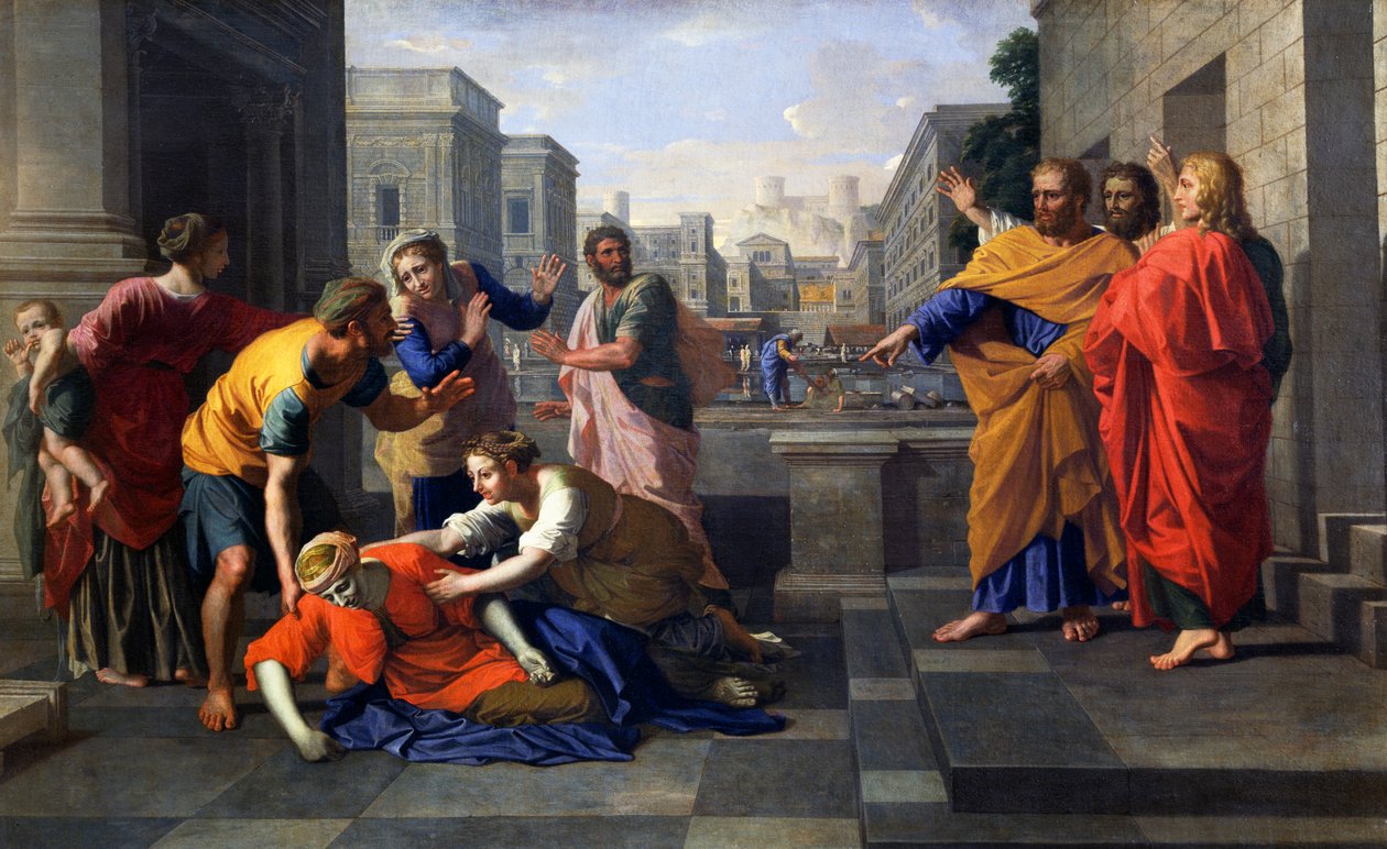 Smrt Safiry, manželky Ananiáše, která padla s plamenem k nohám svatého Petra, kolem roku 1652 (olej na plátně) od Nicolas Poussin