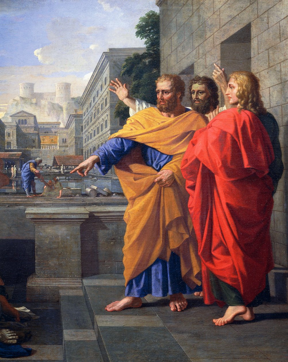 Smrt Safiry, manželky Ananiáše, která padla s plamenem k nohám svatého Petra, detail 2581012, kolem 1652 (olej na plátně) od Nicolas Poussin