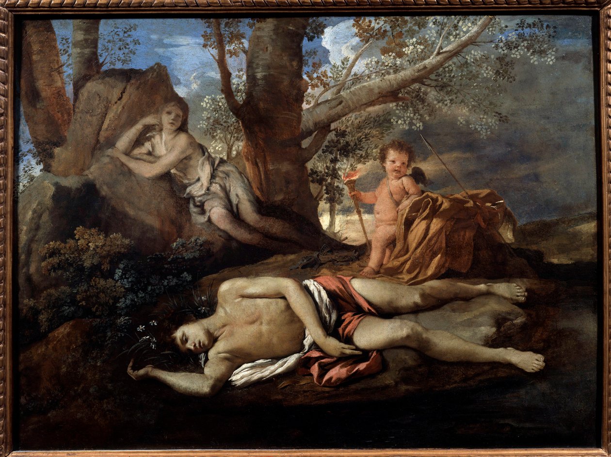 Ilustrace Echo a Narcis k legendě, která inspirovala Ovidea v „“Les Metamorphoses”” Malba od Nicolase Poussina (1594-1665) Sun ze 17. století. 0,74x1 m Paříž, od Nicolas Poussin