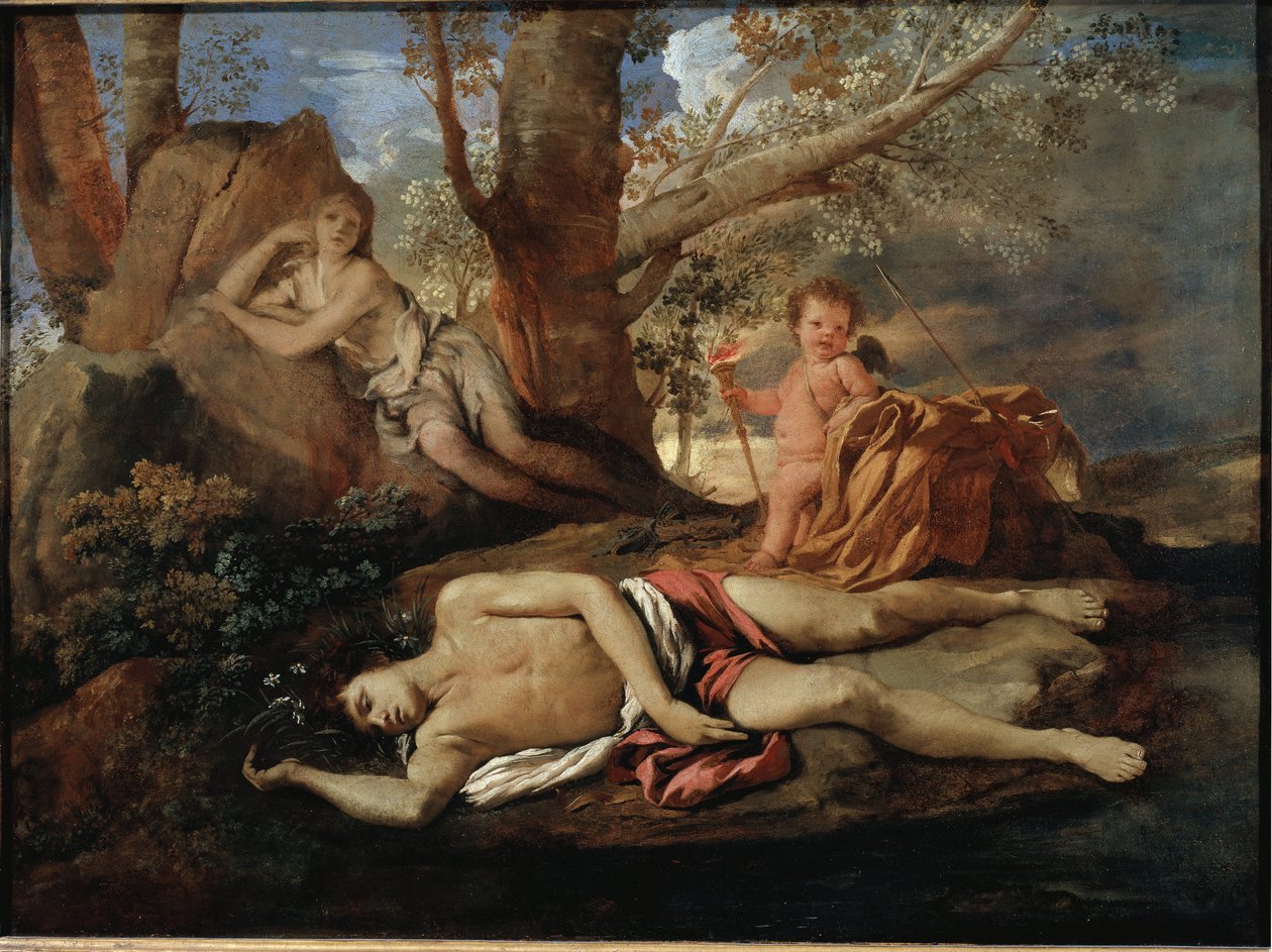 Ilustrace Echo a Narcissus k legendě, která inspirovala Ovidea v malbě „Les Metamorphoses““ od Nicolase Poussina od Nicolas Poussin