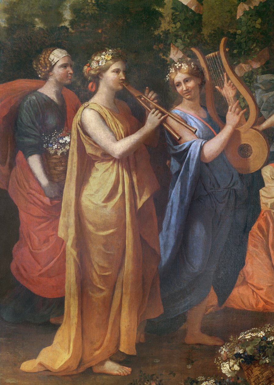 Hymenaios převlečený za ženu při obětování Priapusovi, detail hudebníků, c.1634-38 od Nicolas Poussin