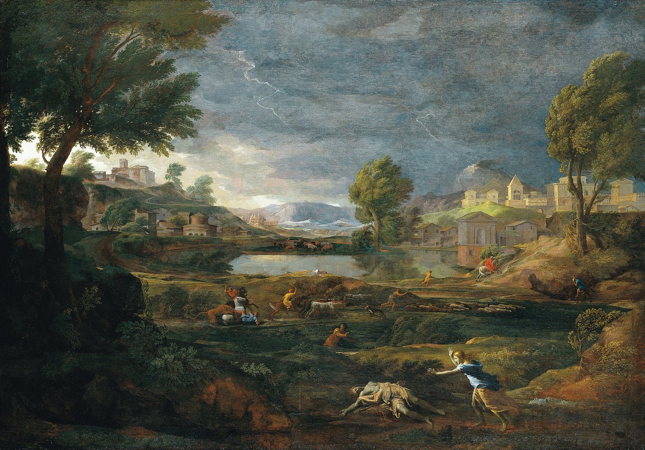 Krajina během bouřky s Pyramus a Thisbe od Nicolas Poussin