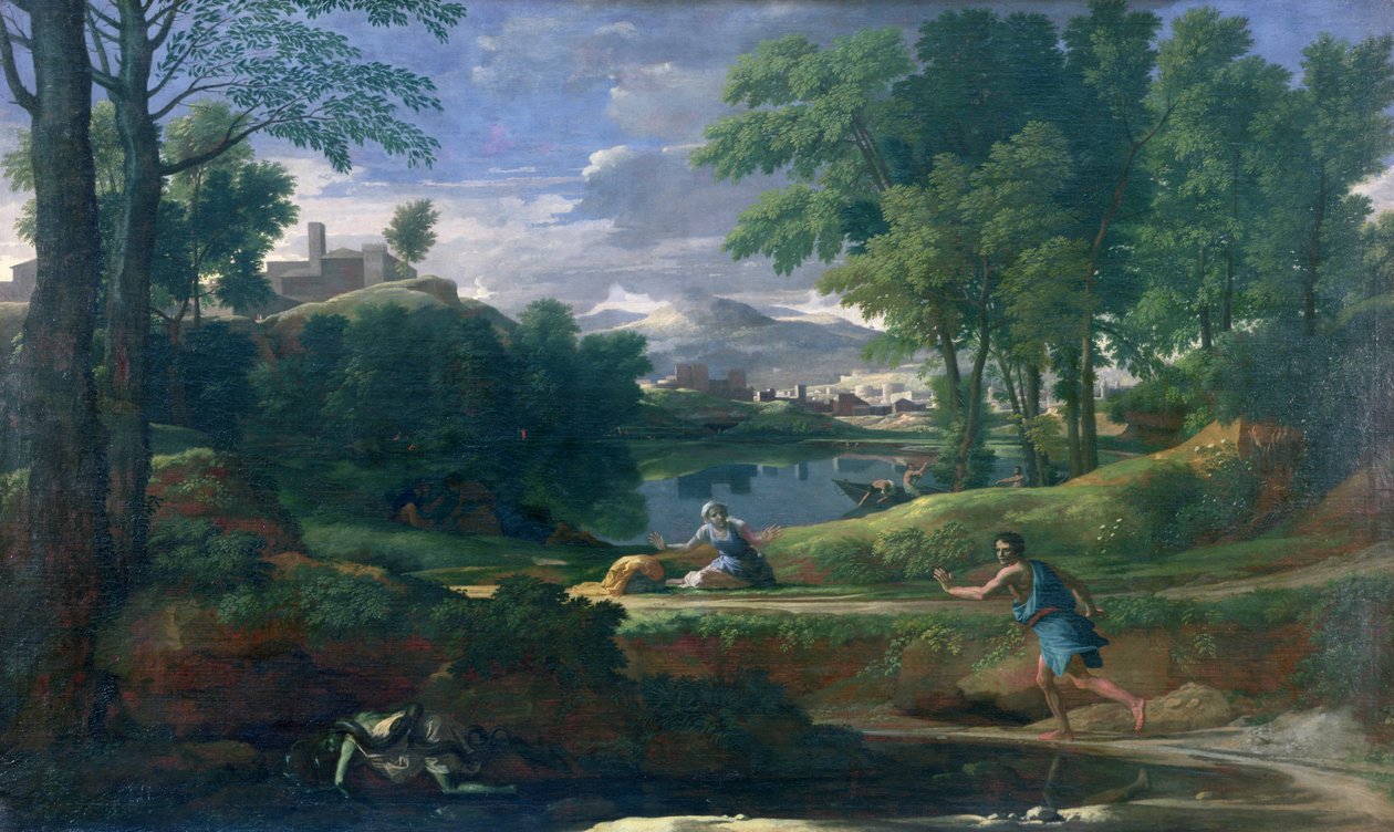 Krajina s mužem zabitým hadem, kolem roku 1648 (olej na plátně) od Nicolas Poussin