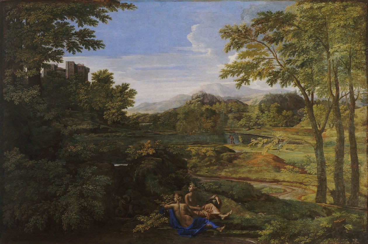 Krajina se dvěma nymfami a hadem, cca 1659 od Nicolas Poussin