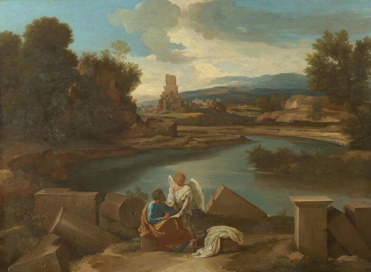 Krajina z římské Campagny s Matoušem a andělem od Nicolas Poussin