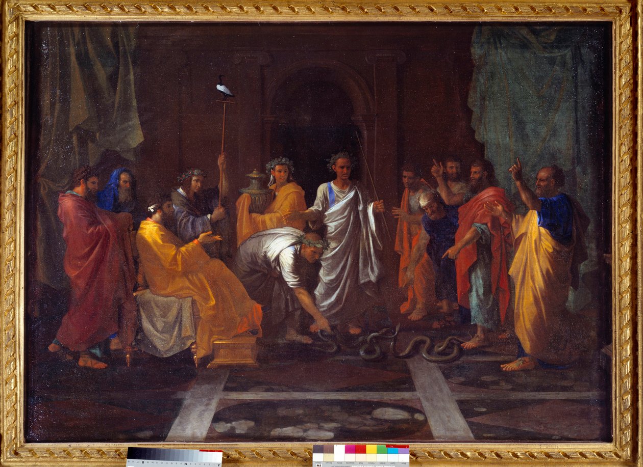 Mojžíš mění Áronovu hůl v hada. Malba Nicolase Poussina od Nicolas Poussin