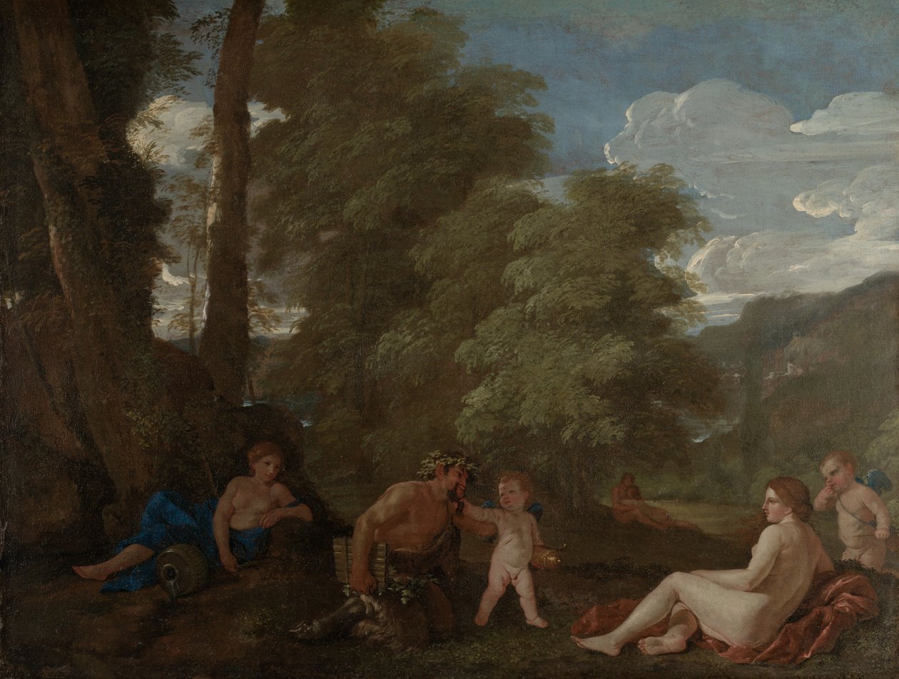 Nymfy a satyr nebo Amor Vincit Omnia, kolem 1625-27 (olej na plátně) od Nicolas Poussin