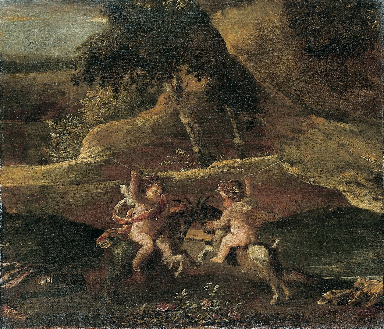 Putti bojující na kozách od Nicolas Poussin