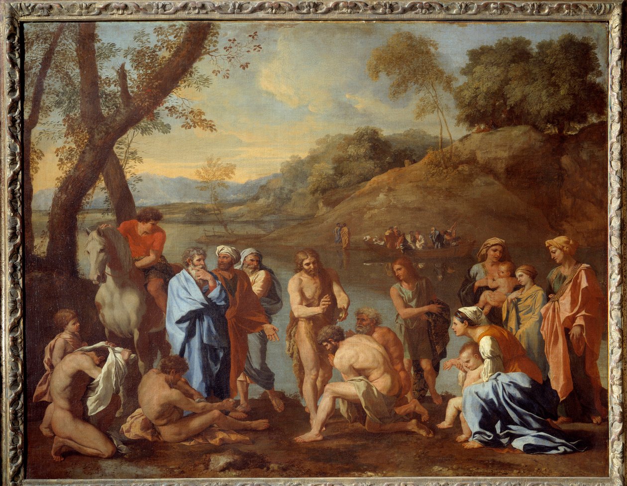 Svatý Jan křtí lid. Svatý Jan Křtitel požehnal muže u řeky. Obraz Nicolase Poussina od Nicolas Poussin