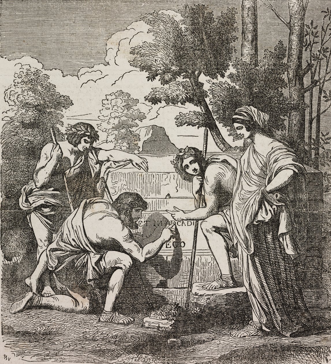 Pastýři z Arkádie, podle malby Nicolase Poussina, ilustrace z Universal Theatre, Encyklopedická a scénografická sbírka, č. 512, 4. května od Nicolas Poussin