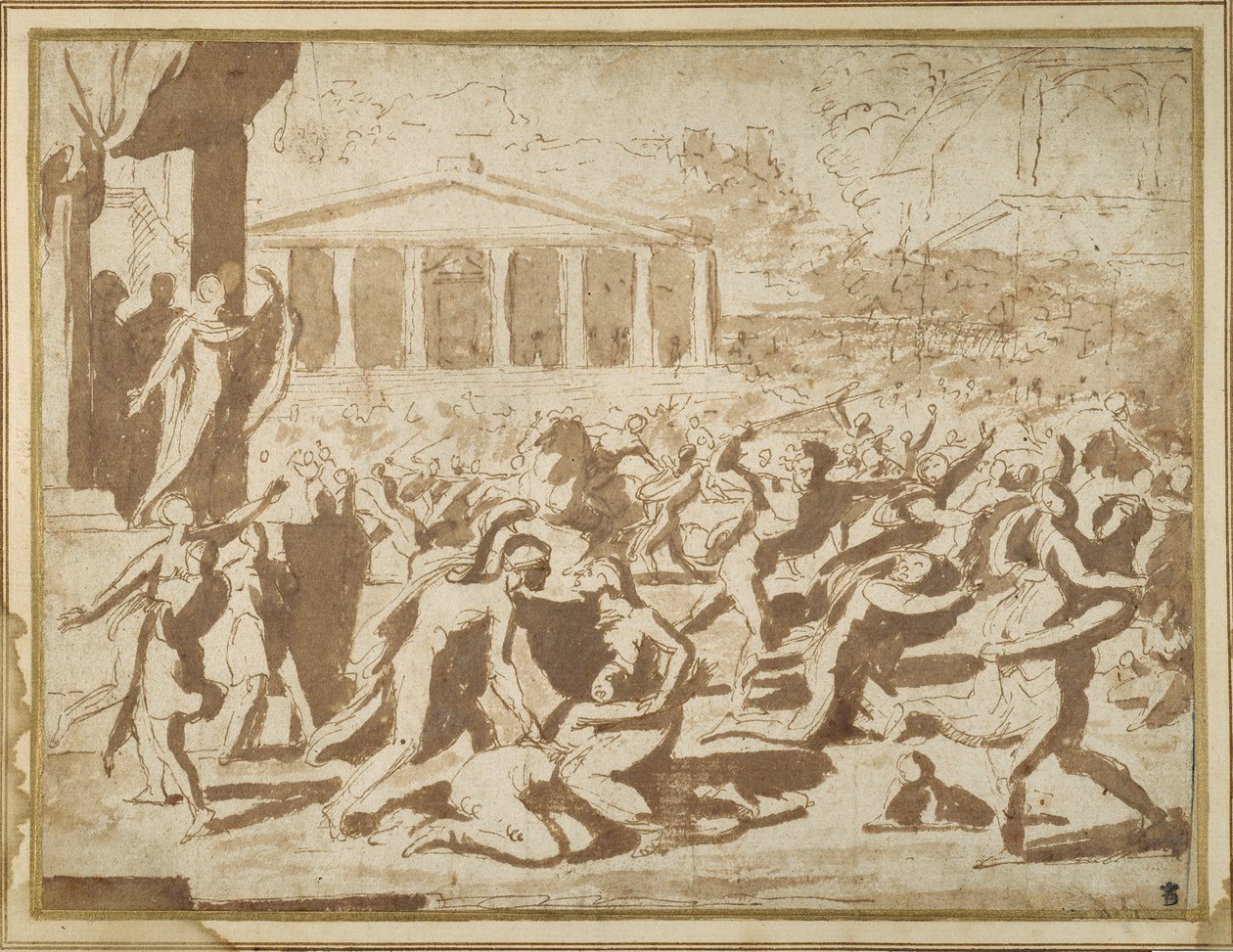 Studie o únosu sabinských žen, kolem roku 1633 (inkoust a praní na papíře) od Nicolas Poussin