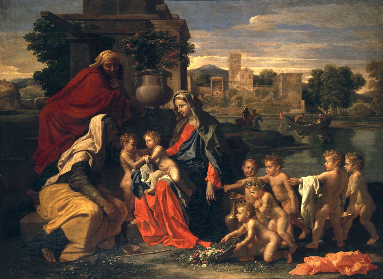 Svatá rodina s nemluvnětem sv. Janem Křtitelem a svatou Alžbětou od Nicolas Poussin