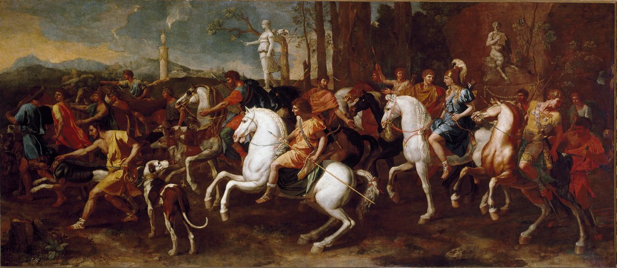 The Hunt of Meleager. Hrdinové řecké mytologie, kteří se proslavili během lovu kance z Calydonu. Obraz Nicolase Poussina od Nicolas Poussin