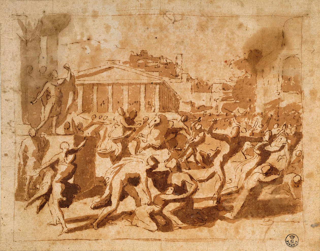 Znásilnění sabinských žen (pero a inkoust na papíře) od Nicolas Poussin