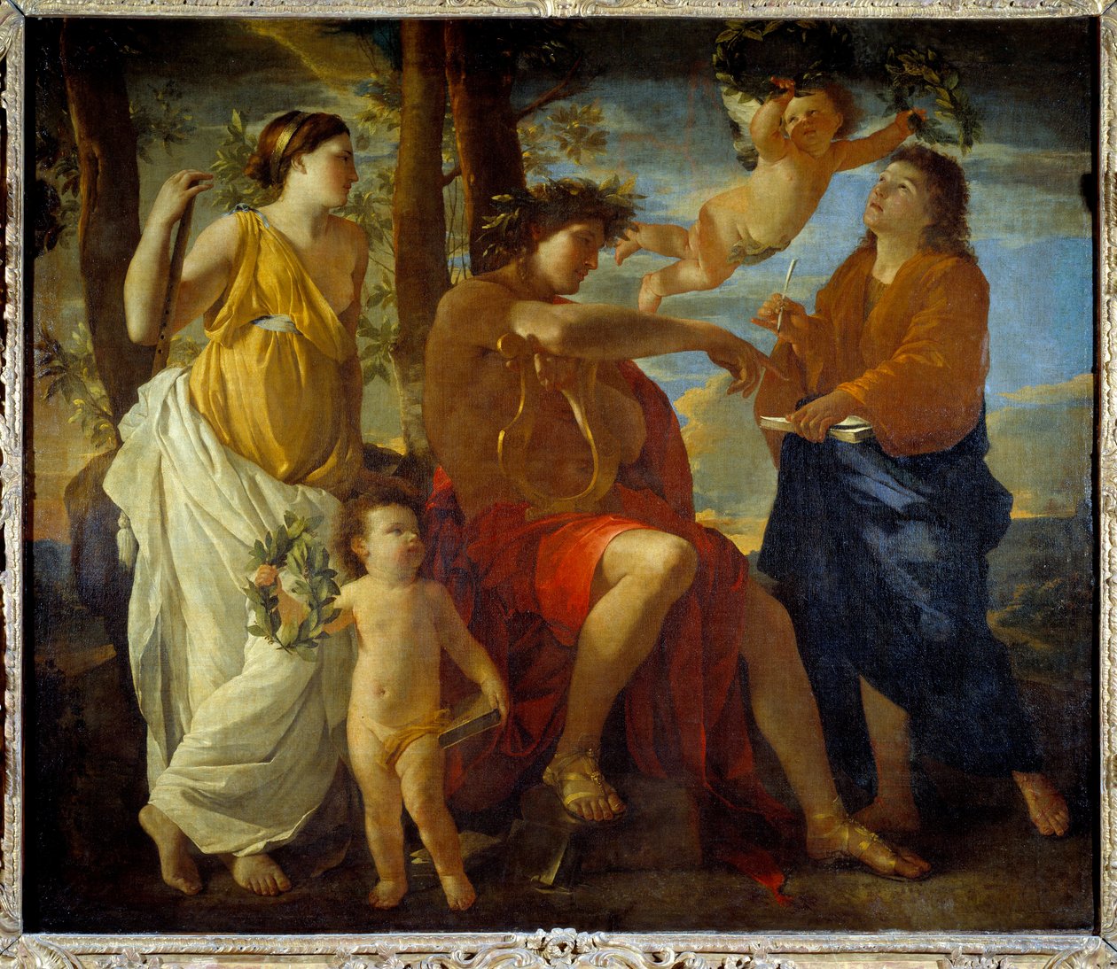 Inspiraci básníka Un poete, lyru v ruce a čelenku vavřínové koruny, obklopují múzy a putti. obraz Nicolase Poussina od Nicolas Poussin