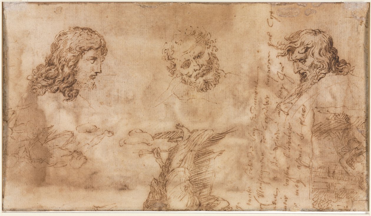 Tři hlavy a jiné skici (verso) od Nicolas Poussin