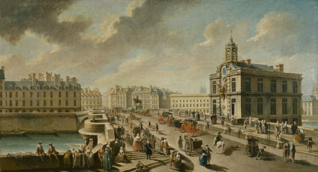 Pont-Neuf a pumpa Samaritaine, pohled z nábřeží Quai de la Mégisserie od Nicolas Raguenet