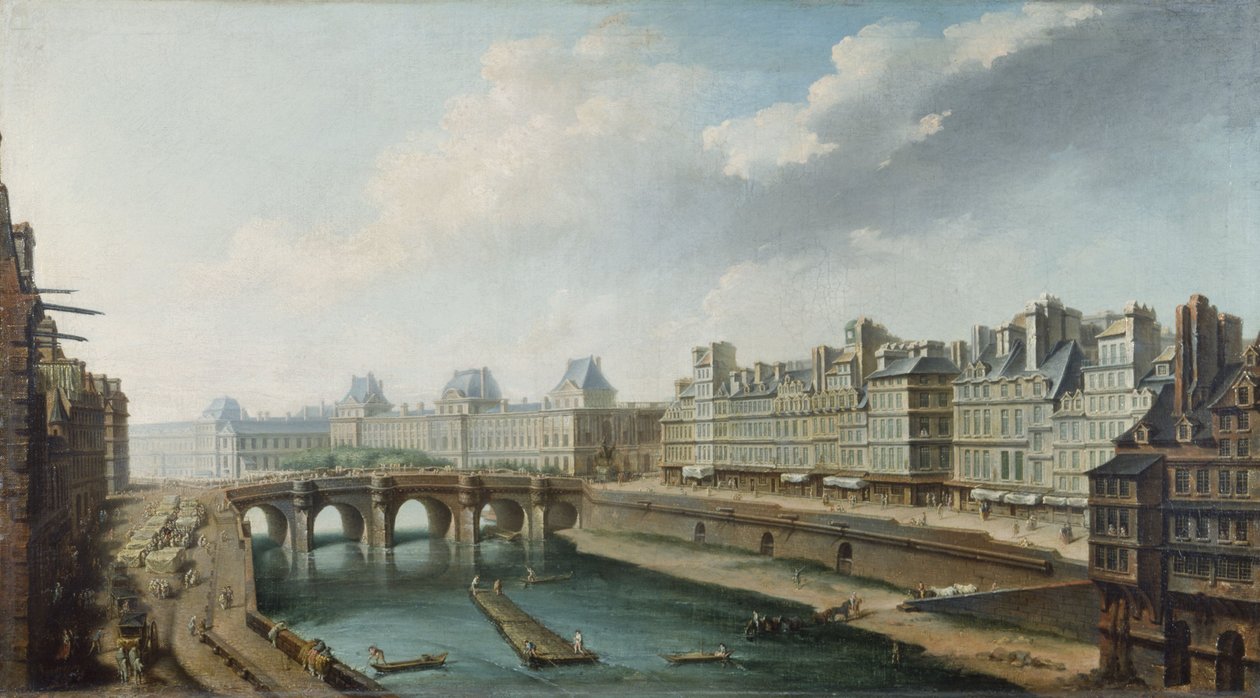 Louvre, Pont-Neuf a Quai des Orfèvres, pohled z Quai des Grands-Augustins, kolem roku 1760 (olej na plátně) od Nicolas Raguenet