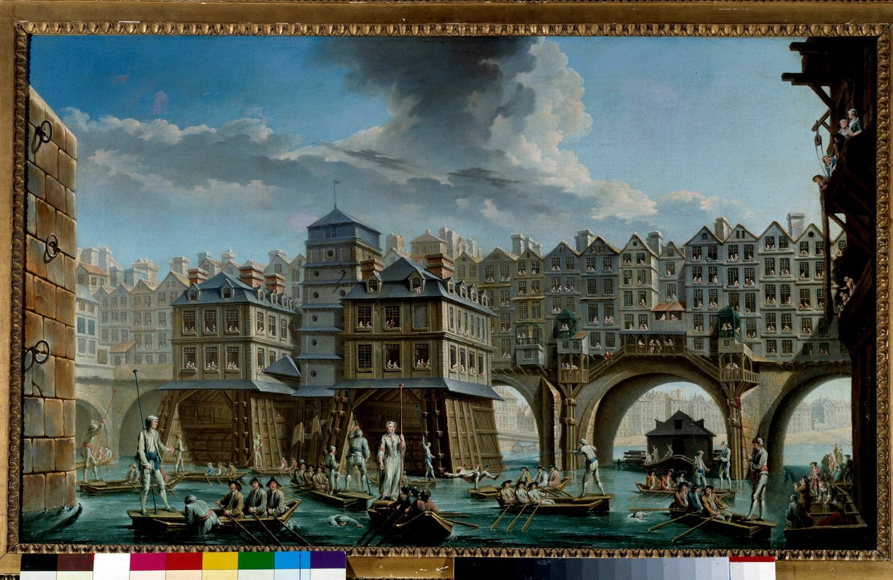 Námořnická hra mezi Pont Notre-Dame a Pont-au-Change Námořnická hra na Seině v Paříži. Obraz Nicolase Jean Baptiste Raguenet (1715-1793) 1756 Paříž, Musee Carnavalet od Nicolas Raguenet