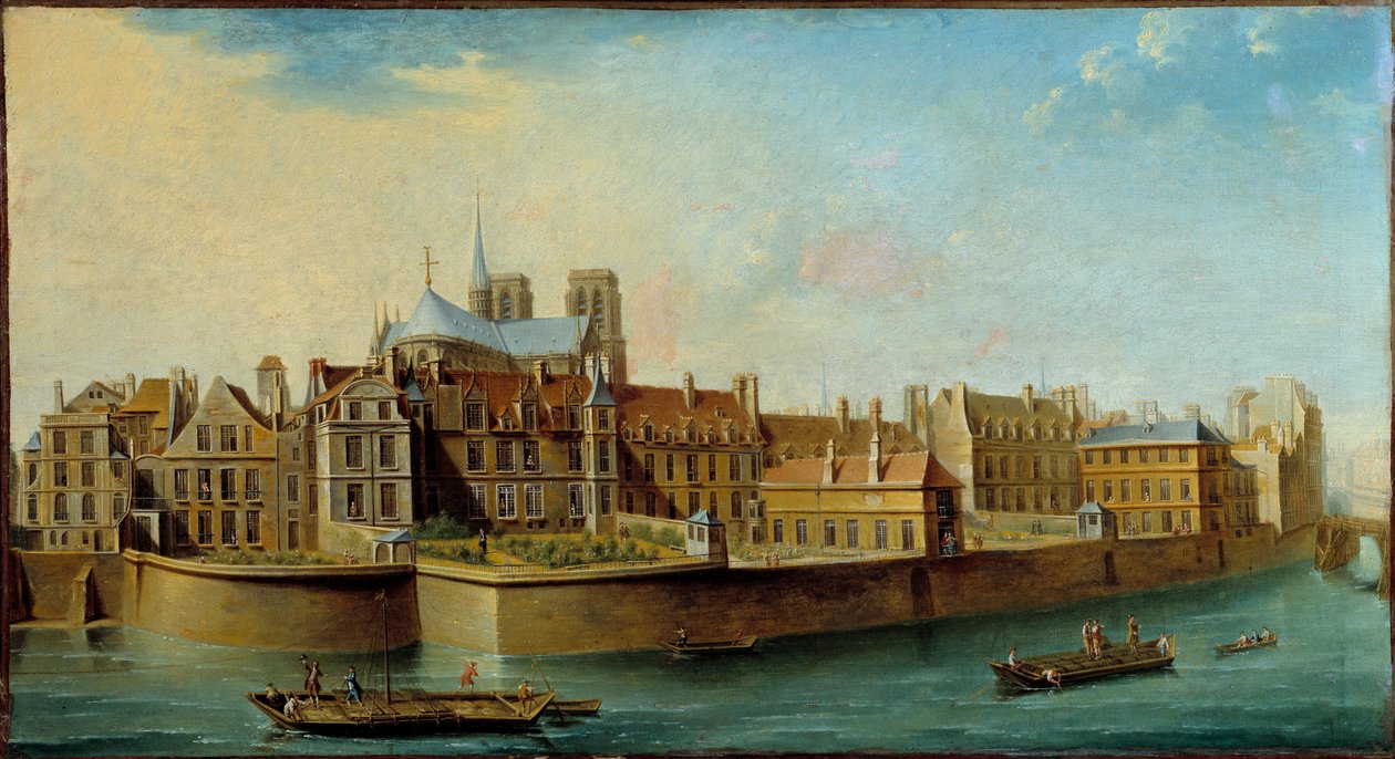 Pohled na Ile de la Cite s apsidou Cathedrale Notre Dame a Quai aux Fleurs z Ile Saint Louis v Paříži Obraz Nicolase Ragueneta (1715-1793) 1753 Sun. 0,46x0,84 m Paříž, Musee Carnavalet - Pohled na Ile de la Cite s apsou od Nicolas Raguenet
