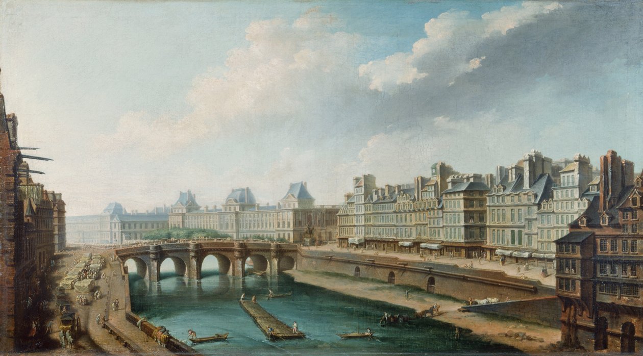 Näkymä Louvren palatsille, Pont Neufille ja Quai des Orfevres -kadulle Quai des Grands Augustinsista nähtynä, n. 1760 (öljy kankaalle) od Nicolas Raguenet