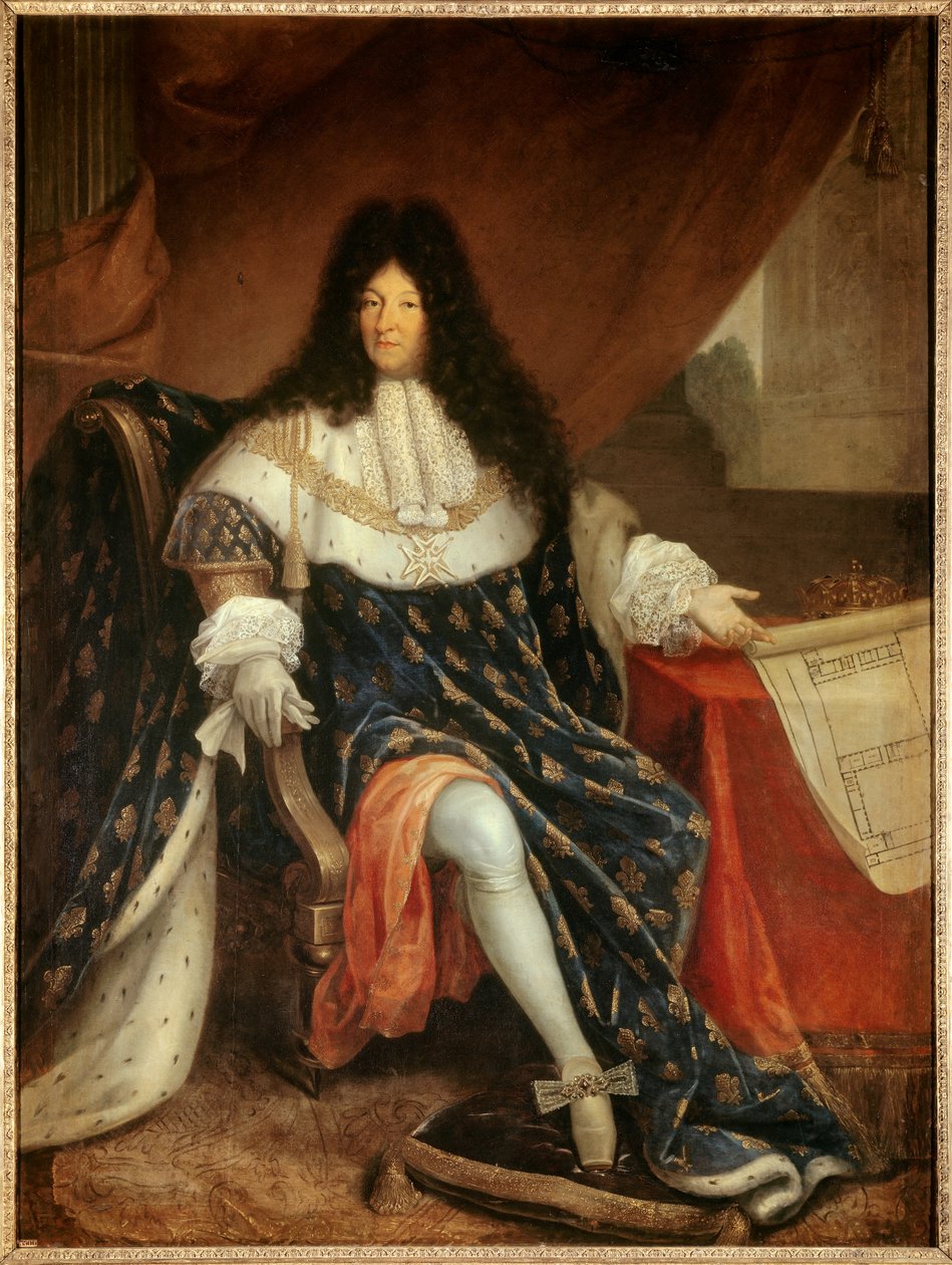 Portrét na nohou Ludvíka XIV (1638-1715) držící plán královského domu Saint Cyr (Saint-Cyr). Obraz Nicolase Rene Jollaina Starý od Nicolas Rene Jollain