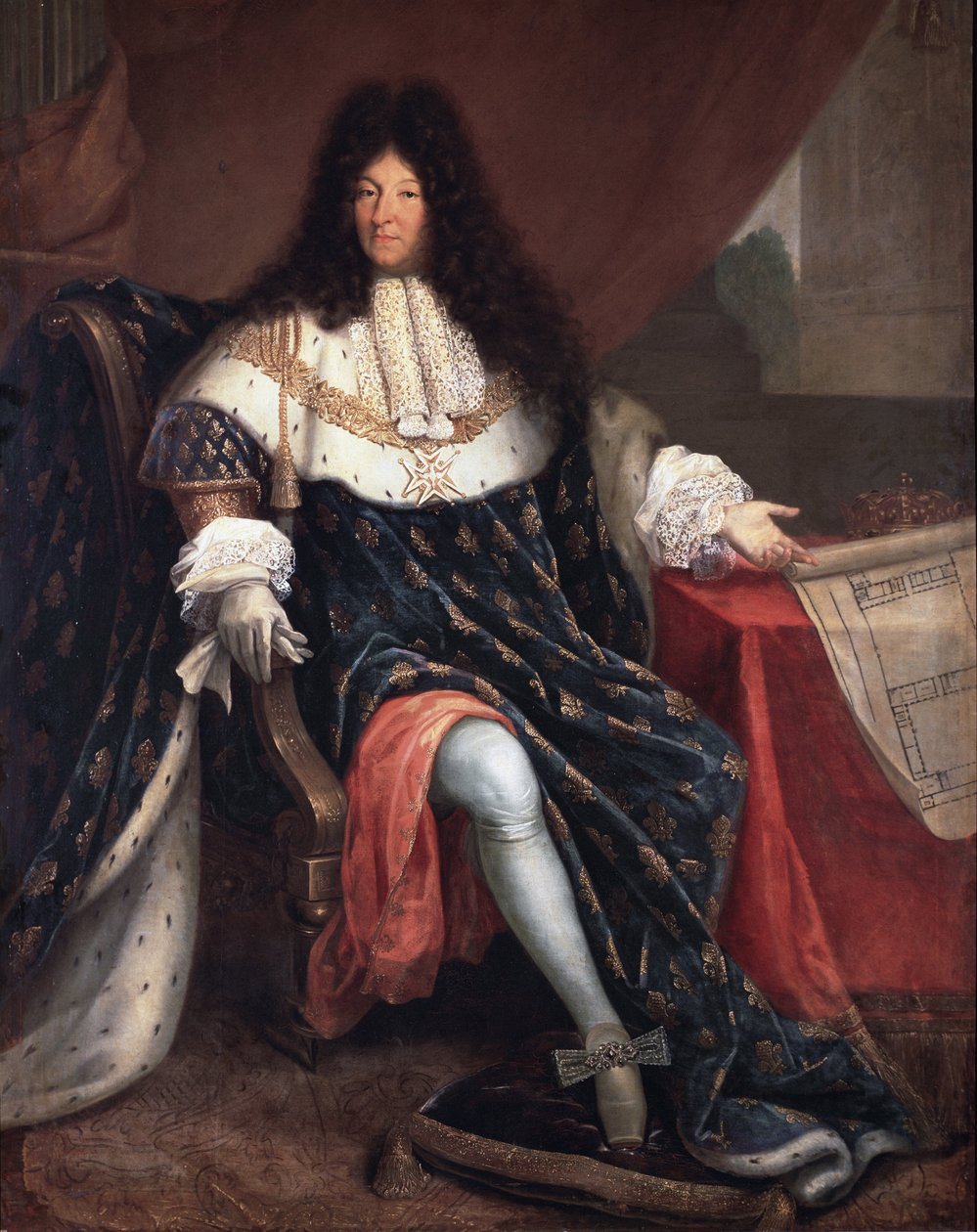 Portrét Ludvíka XIV. držícího plán královského domu Saint Cyr (olej na plátně od Nicolas Rene Jollain