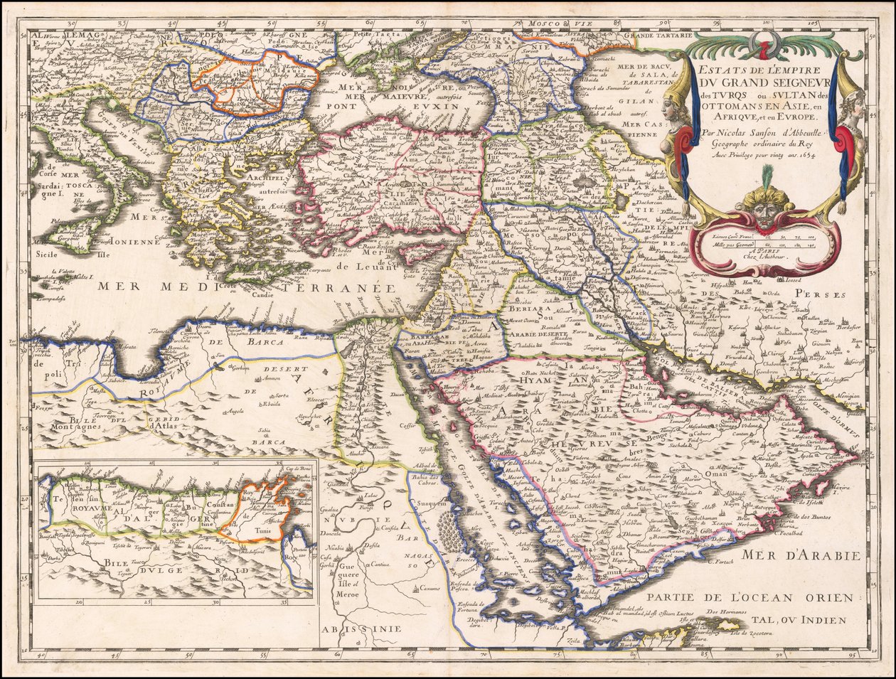 1654 mapa - Statky říše Velkého pána Turků neboli osmanského sultána v Asii, Africe a Evropě od Nicolas Sanson