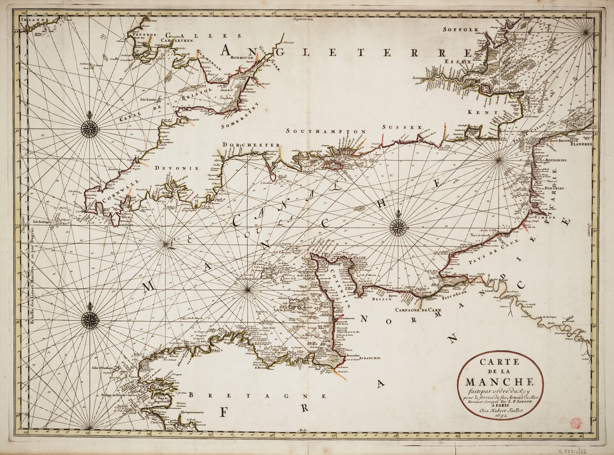 Mapa Lamanšského průlivu a atlantického pobřeží jižní Británie a severní Francie od Nicolas Sanson D