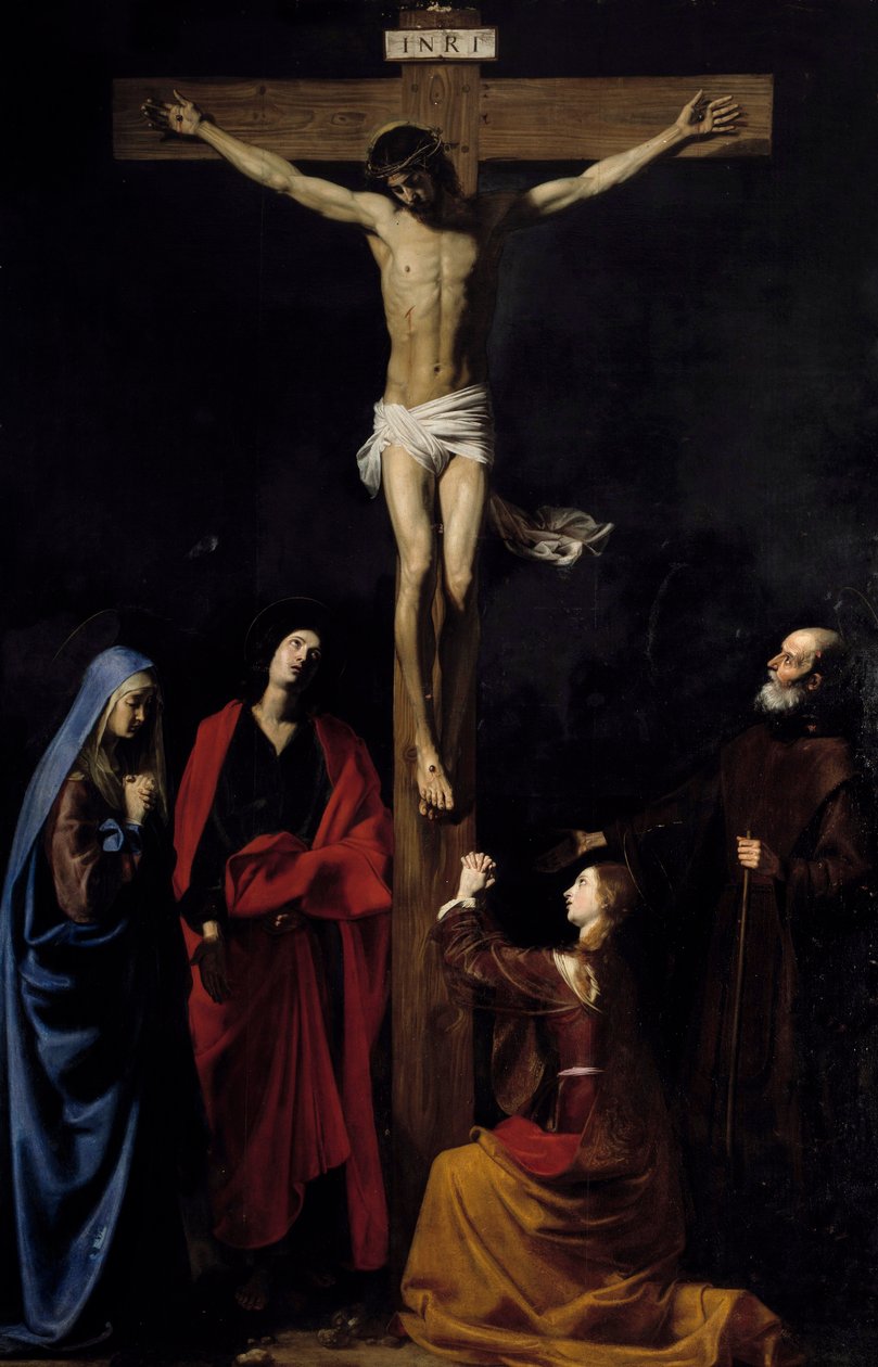 Kristus na kříži, Panna Maria, Madeleine, Saint John a Saint Vincent de Paul Nápis „“INRI““ na kříži. Obraz Nicolase Tourniera (1590-1657) od Nicolas Tournier