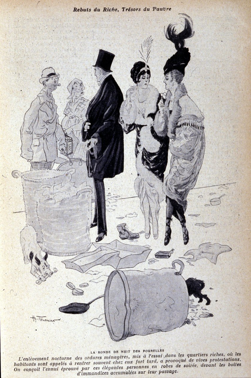 Paříž: odpad se hromadí na ulici před elegantně oblečenými lidmi. Ilustrace francouzského tisku od H. Tourniera od Nicolas Tournier