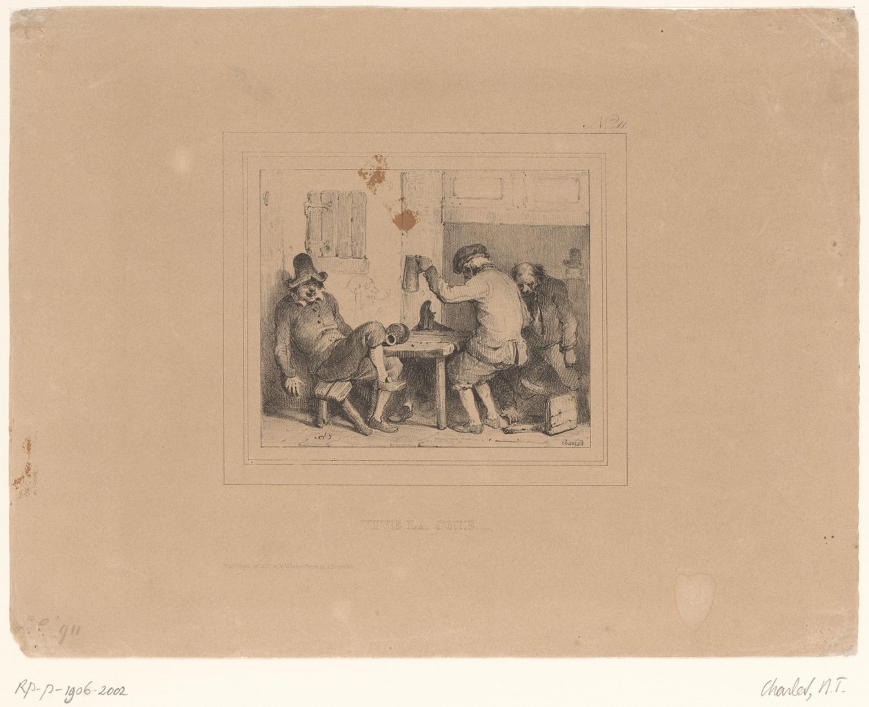 Tři opilí sedláci v hospodě Vive la joie (název na objektu) Sketches 1837 (název série) Croquis od Charlet 1837 (název série) od Nicolas Toussaint Charlet