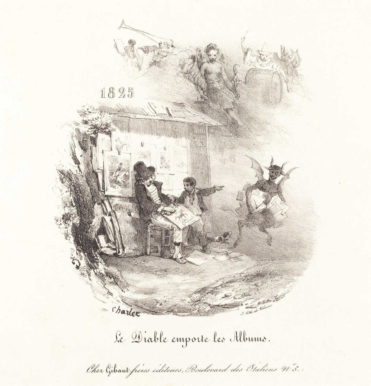 Le Diable emporte les Albums (Ďábel utíká s litografickými alby) od Nicolas Toussaint Charlet