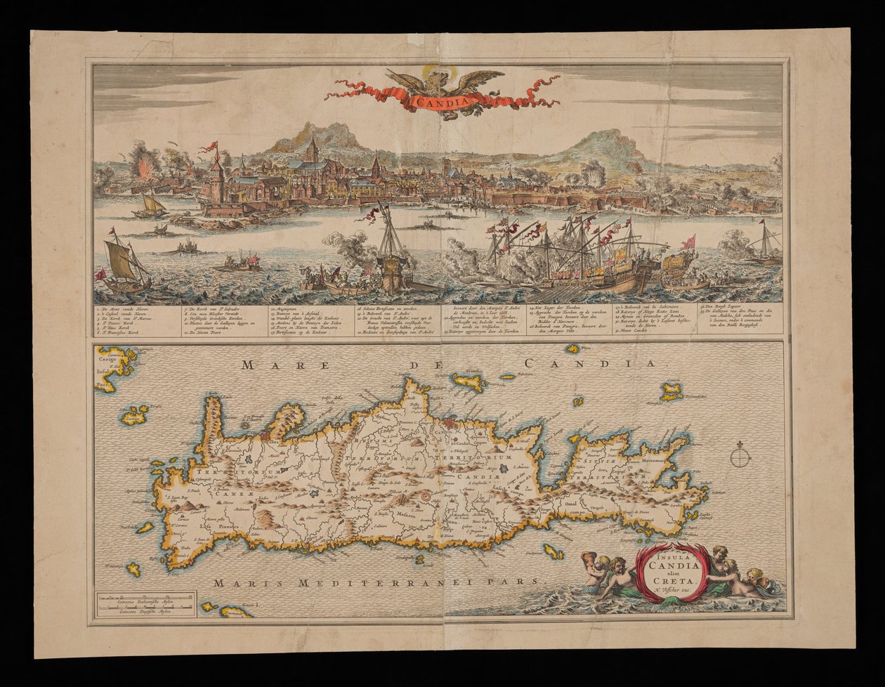 Pohled na Candia a mapa Kréty od Nicolas Visscher