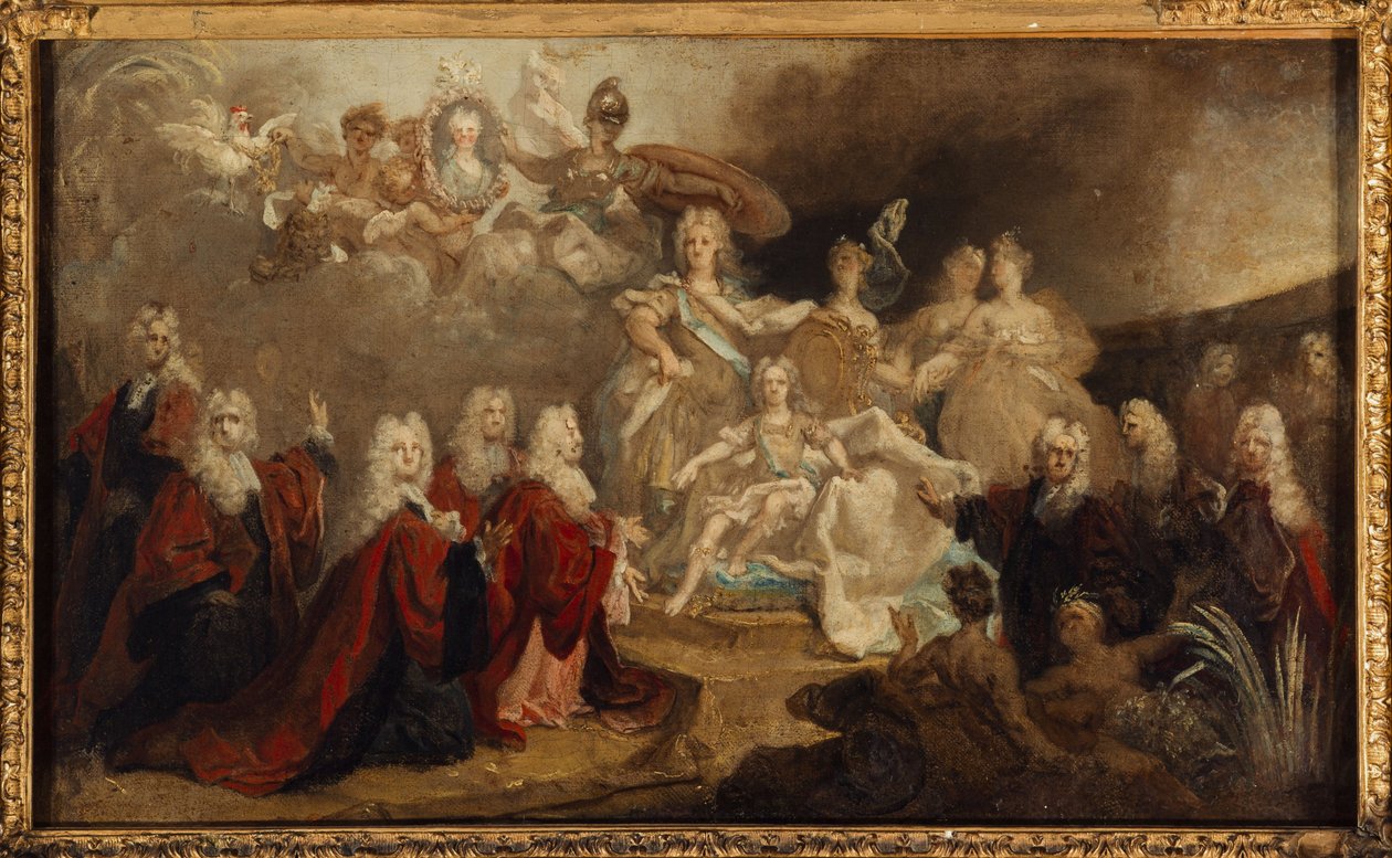 Alegorie zasnoubení Ludvíka XV. se španělskou infantkou Marií Annou-Victoire (1722), v roce 1722 (olej na plátně) od Nicolas de (workshop) Largilliere
