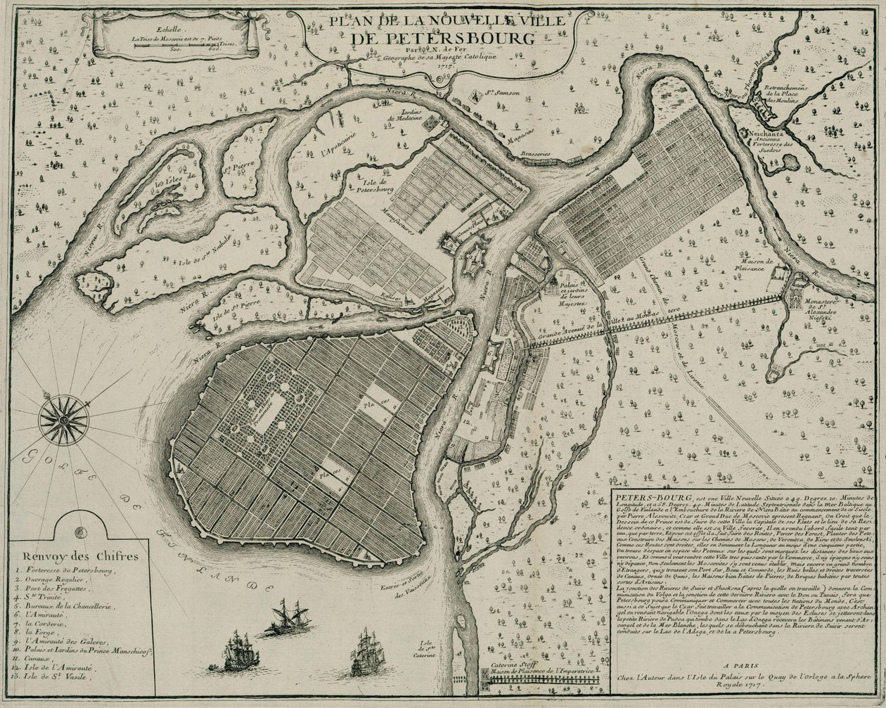 Mapa Petrohradu, 1717 od Nicolas de Fer