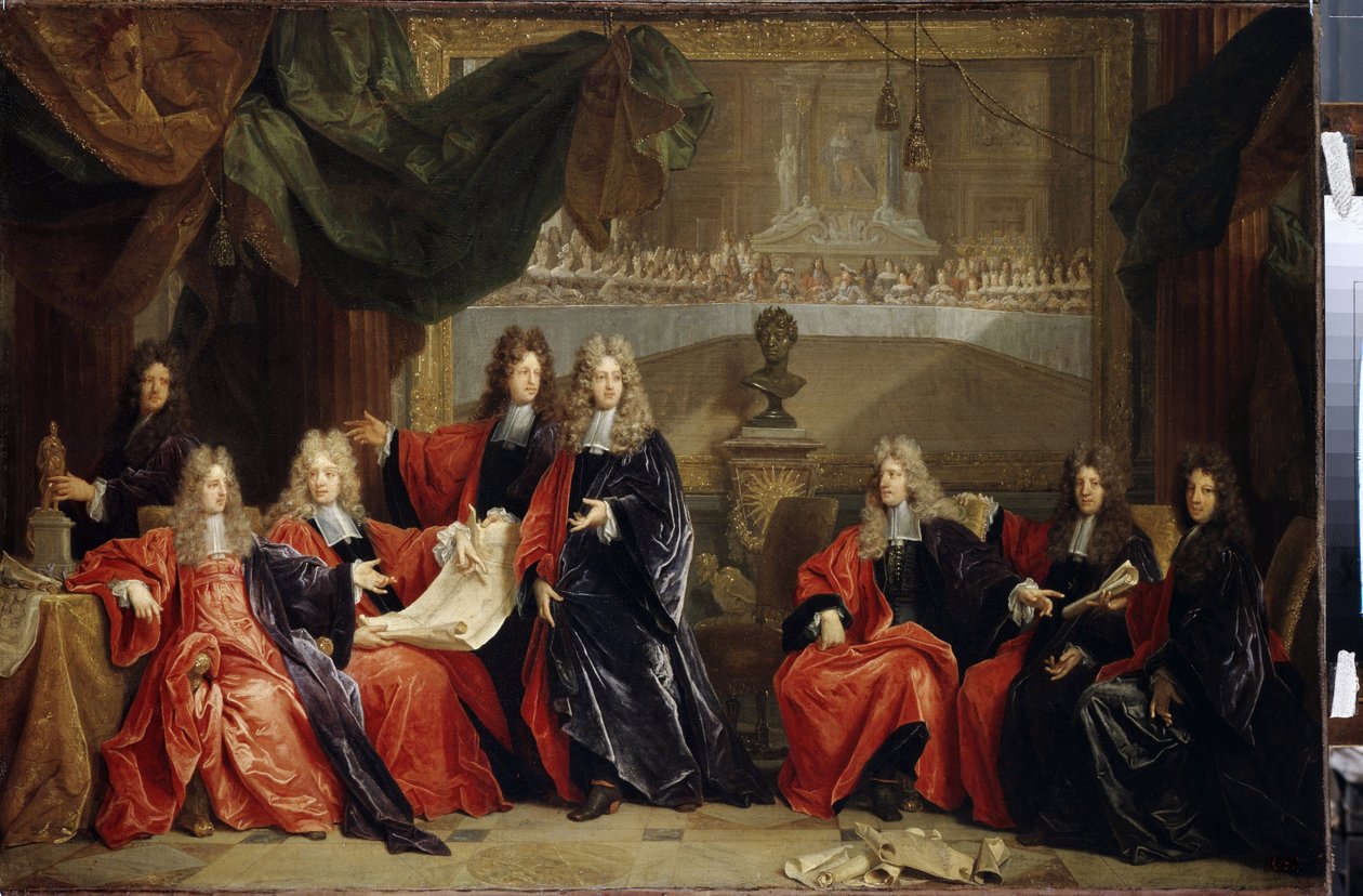 Proboštové a magistráty města Paříže diskutující o slavnostní večeři krále Ludvíka XIV. 14 známého jako Král Slunce (1638-1715) v Hôtel de ville po jeho obnově v roce 1687 (probošt a magistrátní magistráti Paříže projednávají oslavu Lou od Nicolas de Largillière