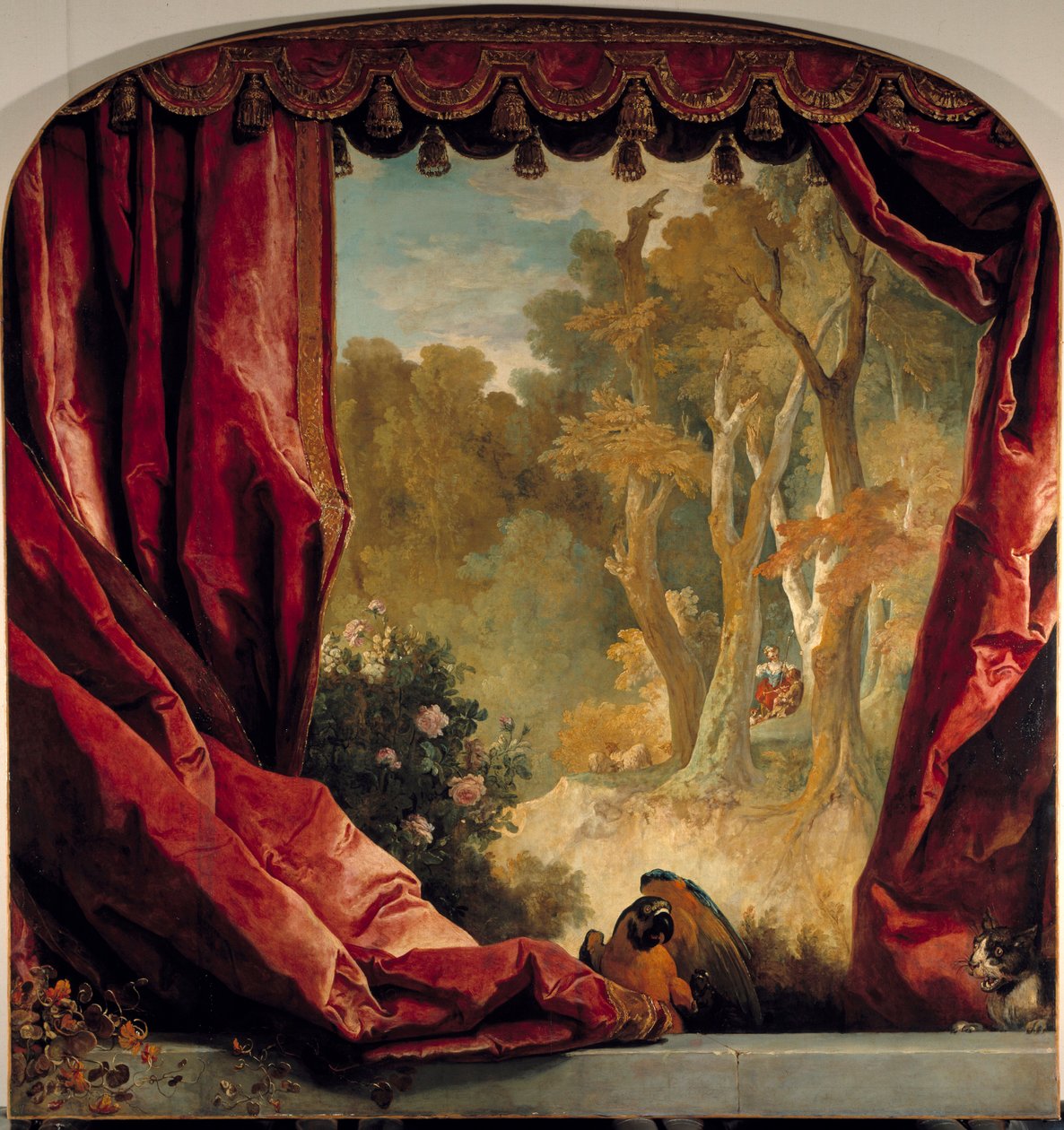 Dekorativní kompozice se závěsy, krajinou a zvířaty Malba Nicolase de Largilliere (1656-1746) 18. století Sun. 2,61x2,51m od Nicolas de Largillière