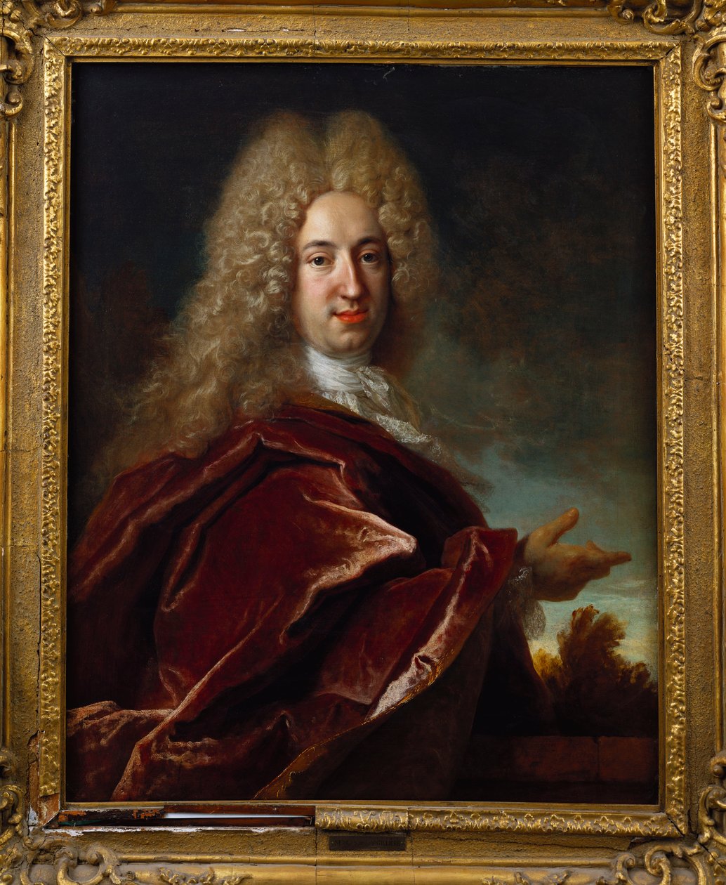 Portrét gentlemana s dlouhou parukou, krajkovým jabotem a vínovým pláštěm od Nicolas de Largillière