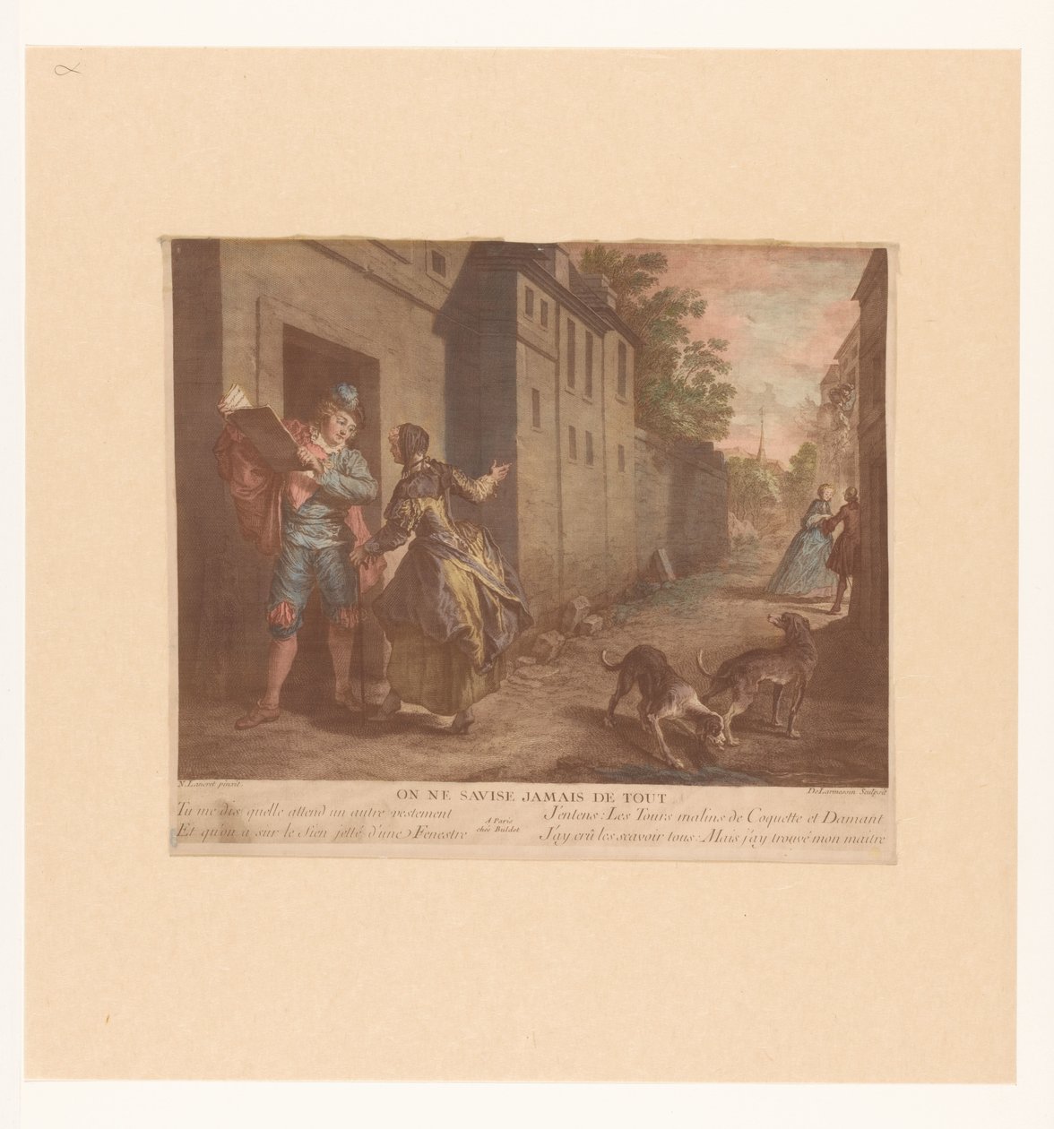 Straat Gezicht se setkal s mužem a knihou Nebo nikdy nemyslet na všechno (název na předmětu) Fabels van Jean de La Fontaine (název série) Suite of New Prints for the Tales of La Fontaine (název série) od Nicolas de Larmessin (III)