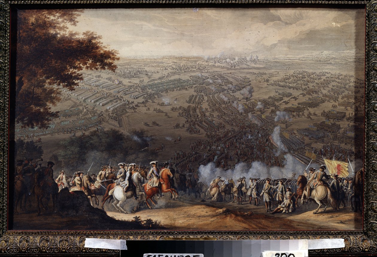 Bitva u Poltavy 27. června 1709. V bitvě se utkala švédská armáda Karla XII. proti armádě ruského cara Petra Velikého během Velké severní války (1700 až 1721). Obraz od Nica od Nicolas de Larmessin