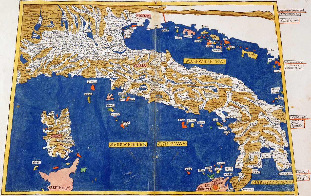 Ptolemaiovská mapa Itálie, 1482 (barevné lito) od Nicolaus Germanus