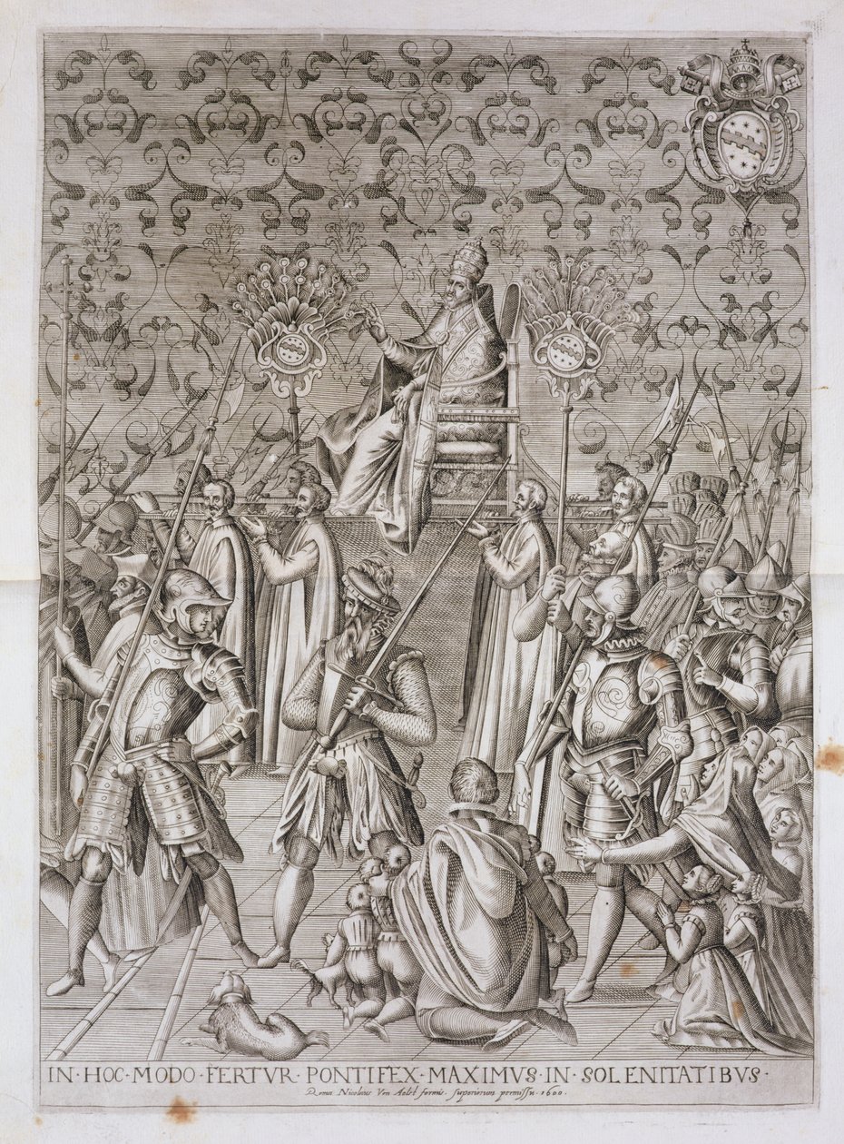 Papež Sixtus V (1521-90) je přenášen na ceremonii zasvěcení obelisku před bazilikou San Giovanni Laterano v Římě v roce 1588, 1600 (viz také 193204) od Nicolaus van Aelst