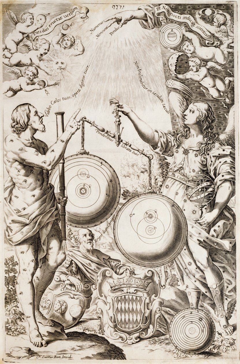Tolomeo, sedící mezi alegoriemi Argo a Astrea, uvažuje nad diagramy kosmologie nakreslenými Koperníkem a Ricciolim, ilustrace převzata z pojednání Giovanniho Battisty Riccioliho o historii astronomie Almagestum Novum, Bologna od Nicolaus (after) Copernicus