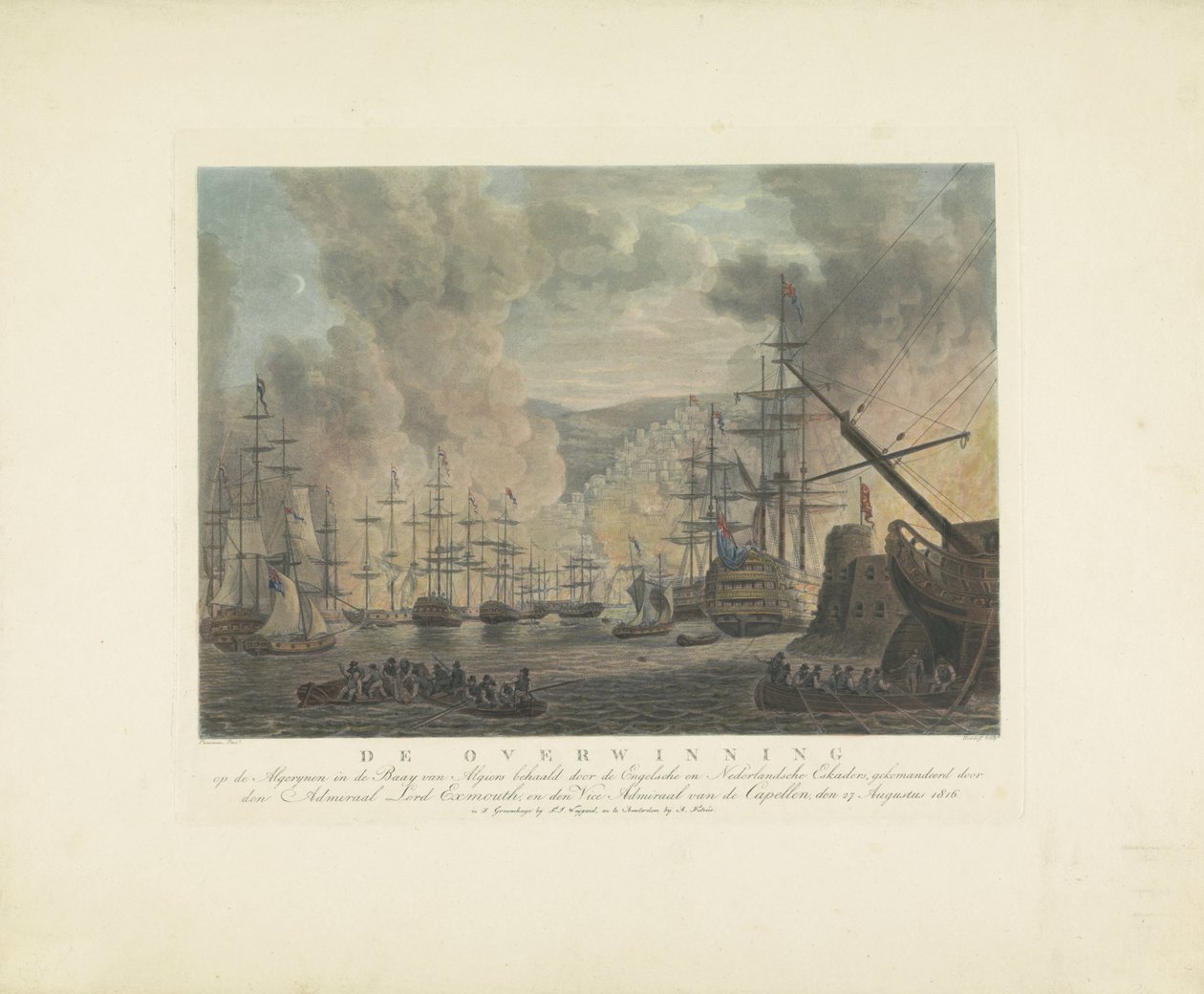 Bombardování Alžíru, 1816 Vítězství nad Alžířany v Alžírském zálivu anglickými a nizozemskými eskadrami, kterým velí admirál lord Exmouth a viceadmirál z Capellen, 27. srpna 1816 (název na obj. od Nicolaus Heideloff