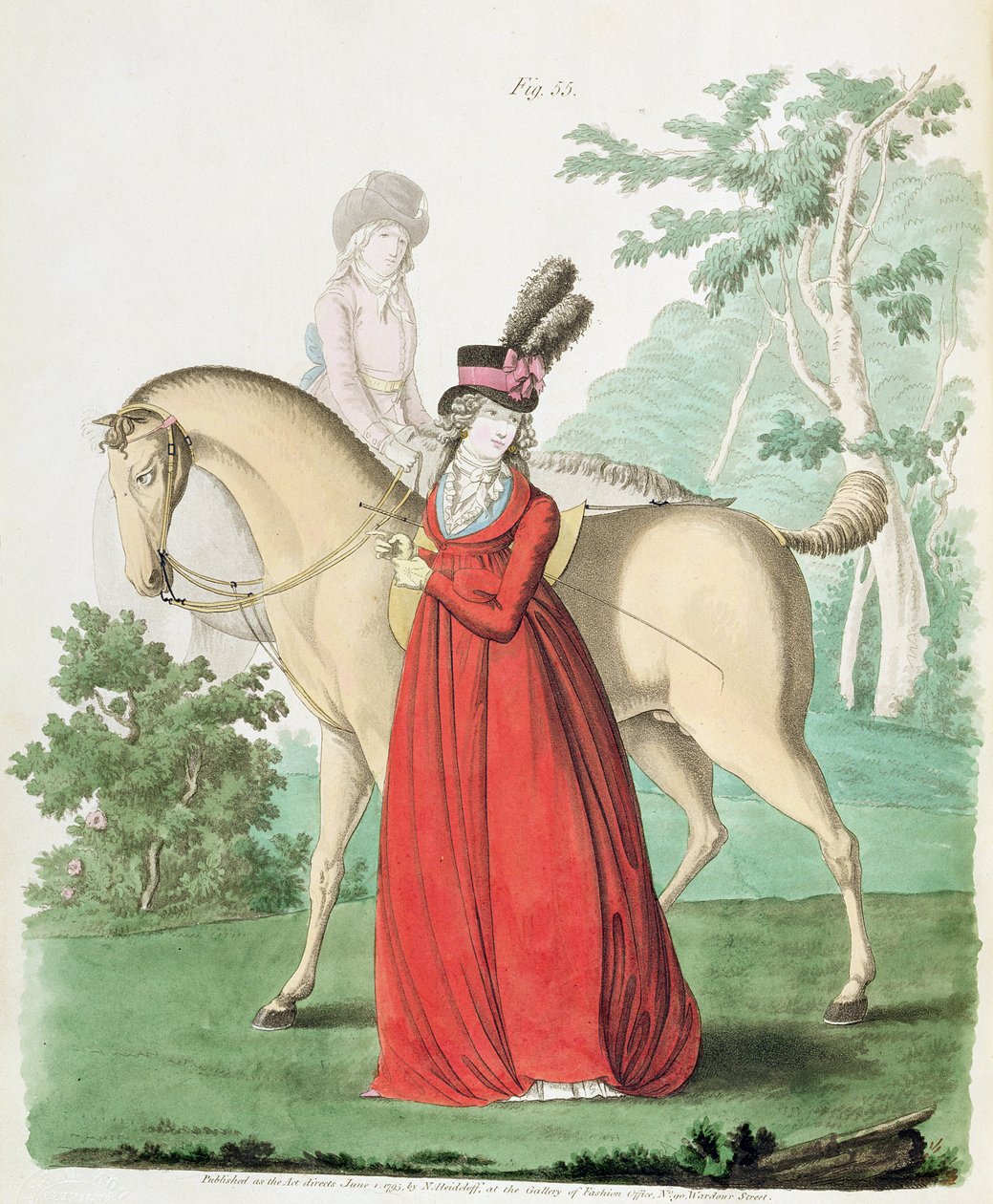 Dáma vyjíždějící na koni v jezdeckých šatech z Galerie módy Nikolause Heideloffa, II. díl, červen 1795 (tisk) od Nicolaus von Heideloff